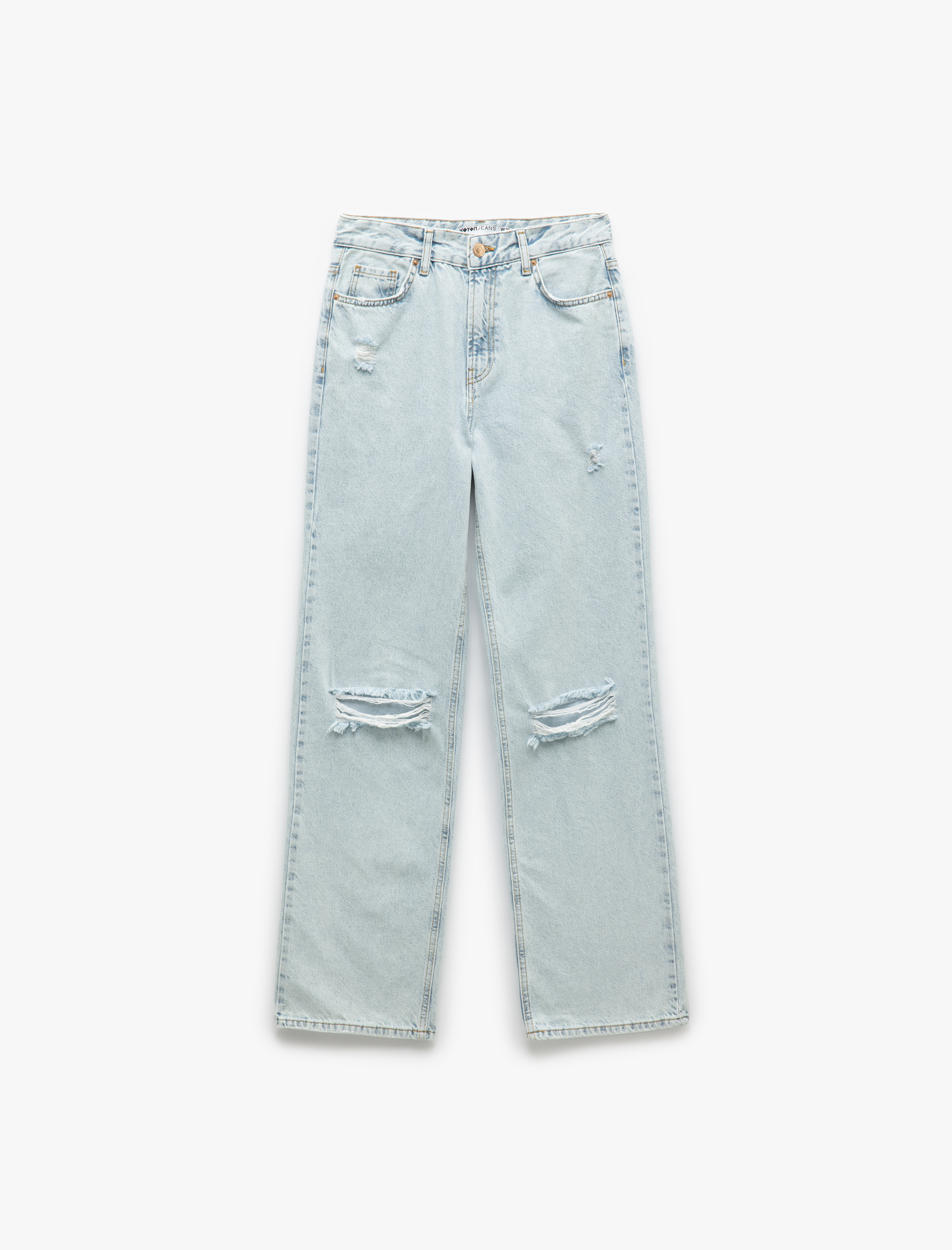   Pamuklu Yıpratma Detaylı Düz Paça Denim Pantolon - Straight Fit Jean