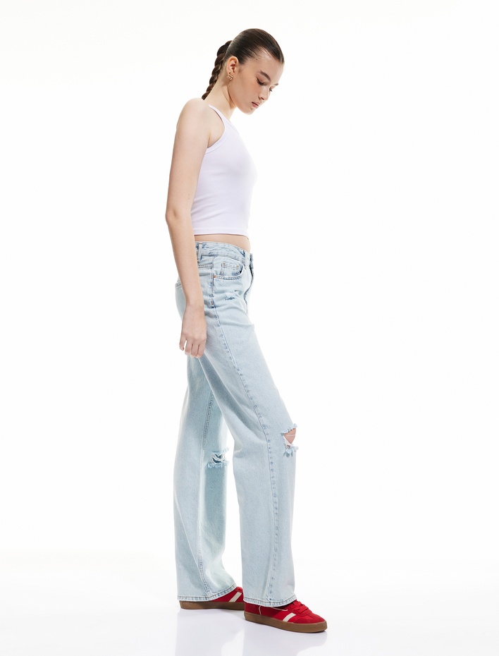  Pamuklu Yıpratma Detaylı Düz Paça Denim Pantolon - Straight Fit Jean