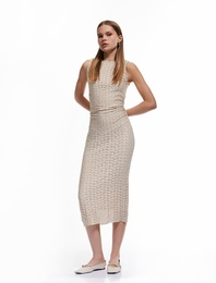 Drapeli Dokulu Bisiklet Yaka Kolsuz Dantel Uzun Elbise