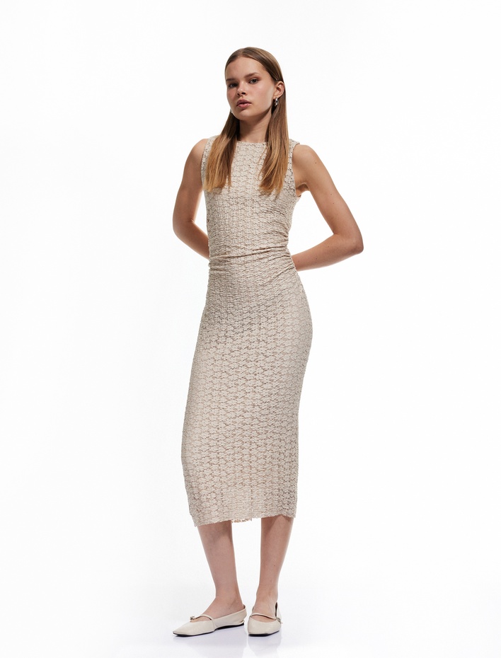  Drapeli Dokulu Bisiklet Yaka Kolsuz Dantel Uzun Elbise