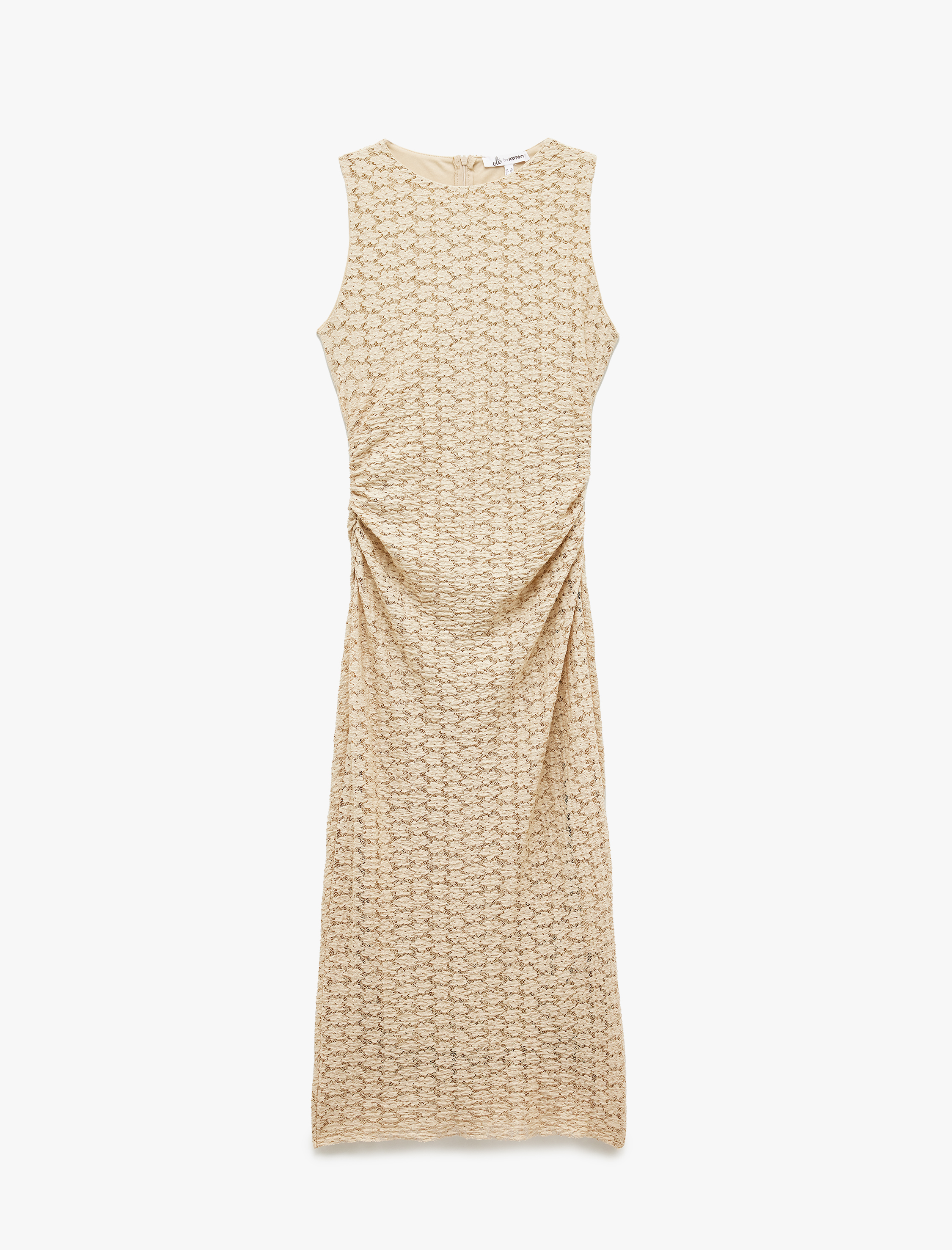   Drapeli Dokulu Bisiklet Yaka Kolsuz Dantel Uzun Elbise