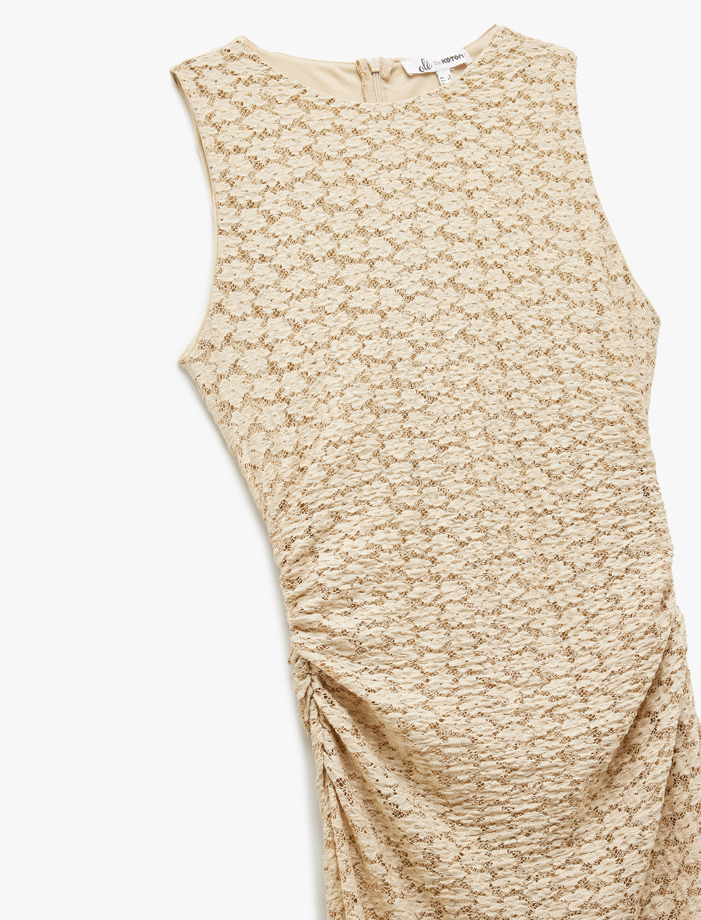   Drapeli Dokulu Bisiklet Yaka Kolsuz Dantel Uzun Elbise