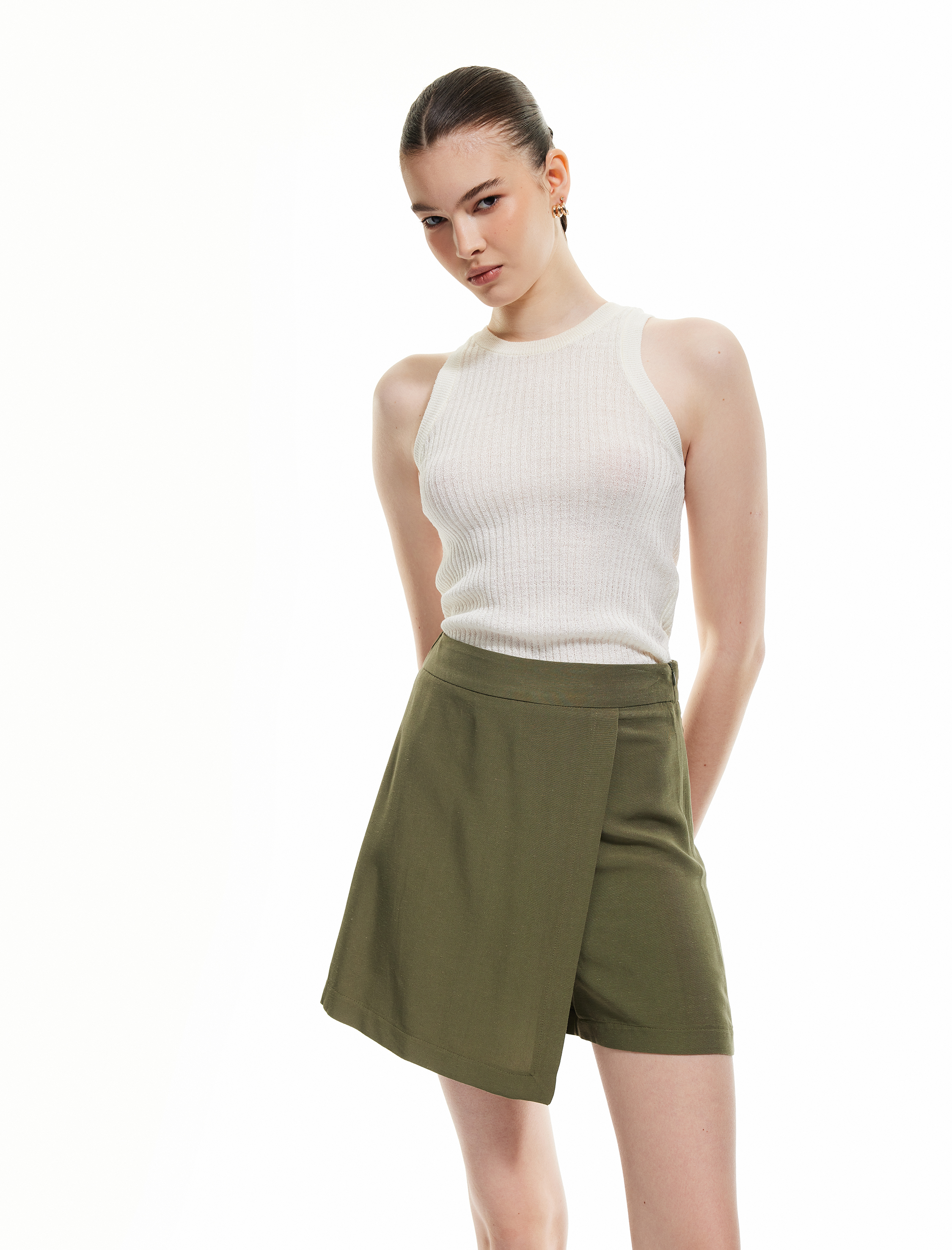   Viskon Keten Karışımlı Kruvaze Mini Şort Etek