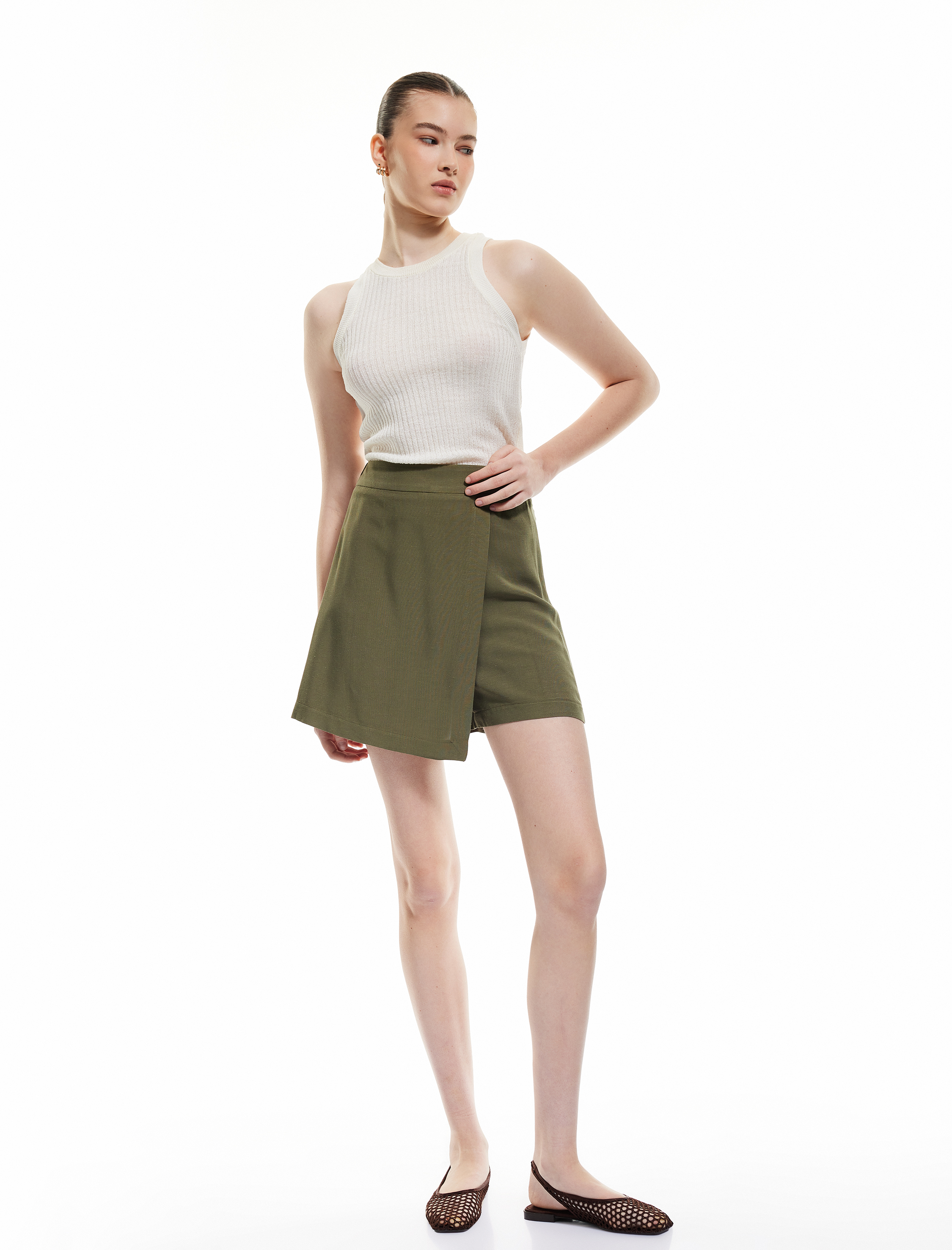   Viskon Keten Karışımlı Kruvaze Mini Şort Etek