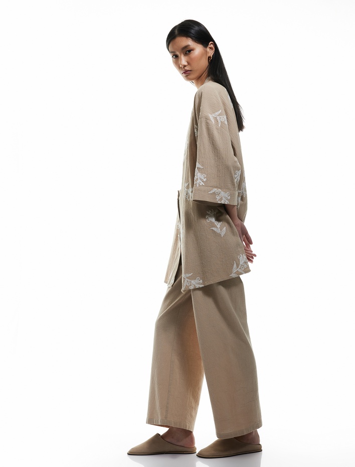  Rahat Kalıp Yüksek Bel Viskon Bol Paça Pantolon