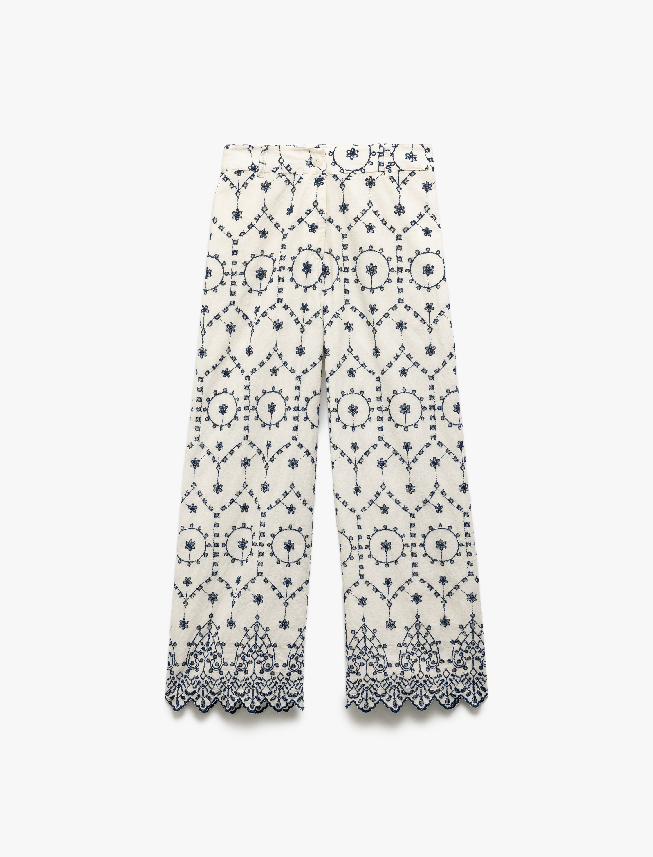   Pamuklu Astarlı Fistolu Yüksek Bel Düz Kısa Paça Brodeli Pantolon