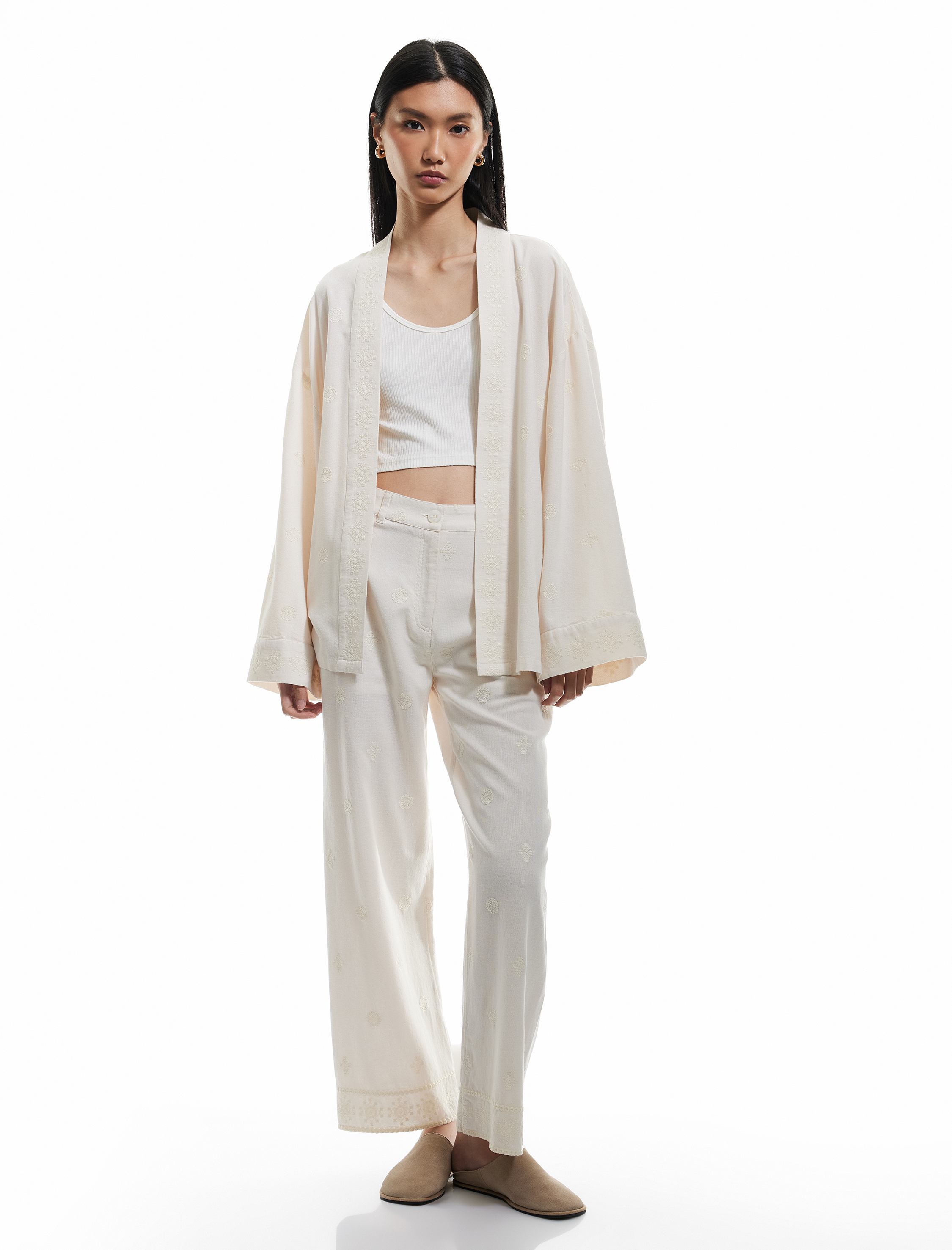   Viskon-Pamuk Karışımlı Nakışlı Yüksek Bel Düz Bol Paça Pantolon