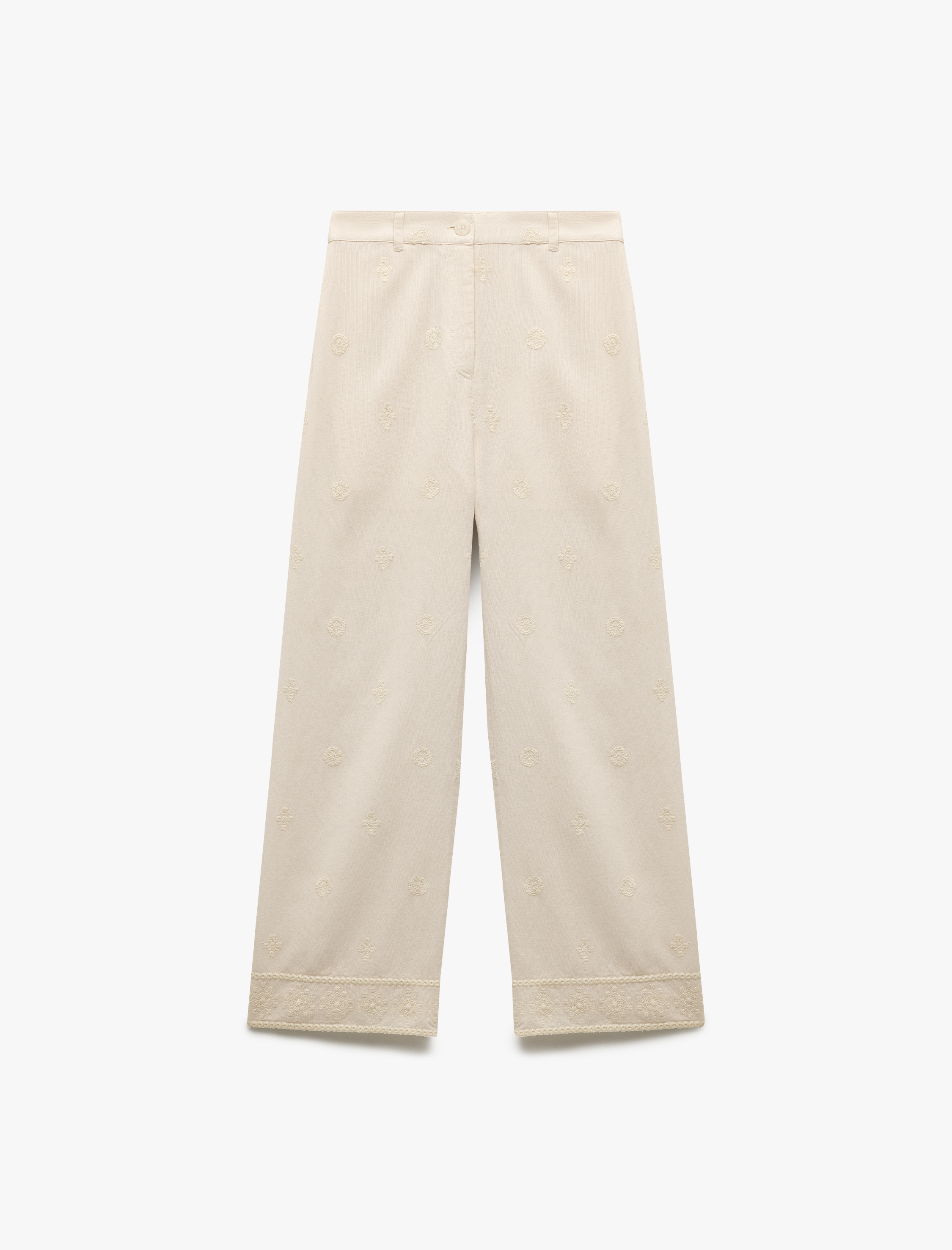   Viskon-Pamuk Karışımlı Nakışlı Yüksek Bel Düz Bol Paça Pantolon