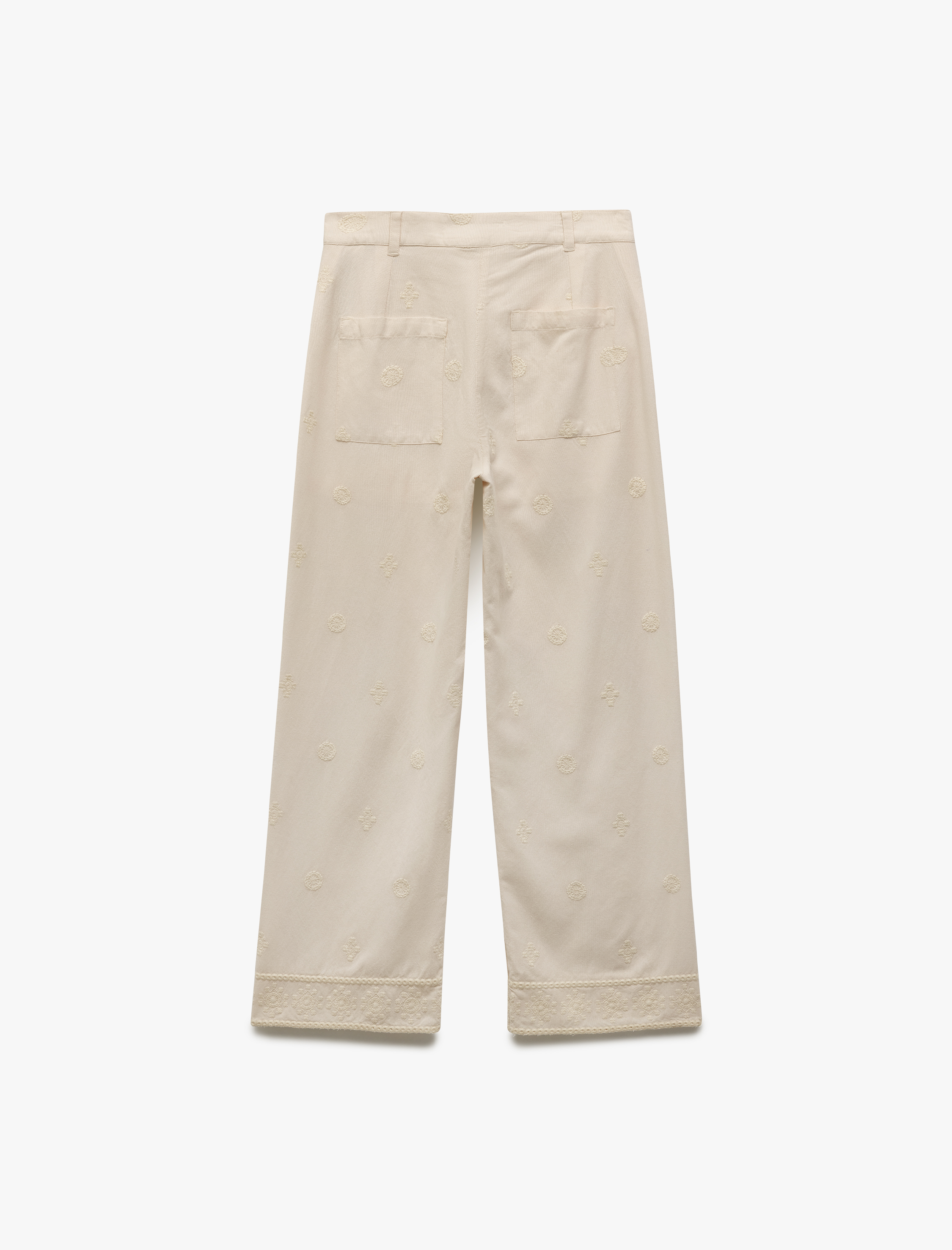   Viskon-Pamuk Karışımlı Nakışlı Yüksek Bel Düz Bol Paça Pantolon