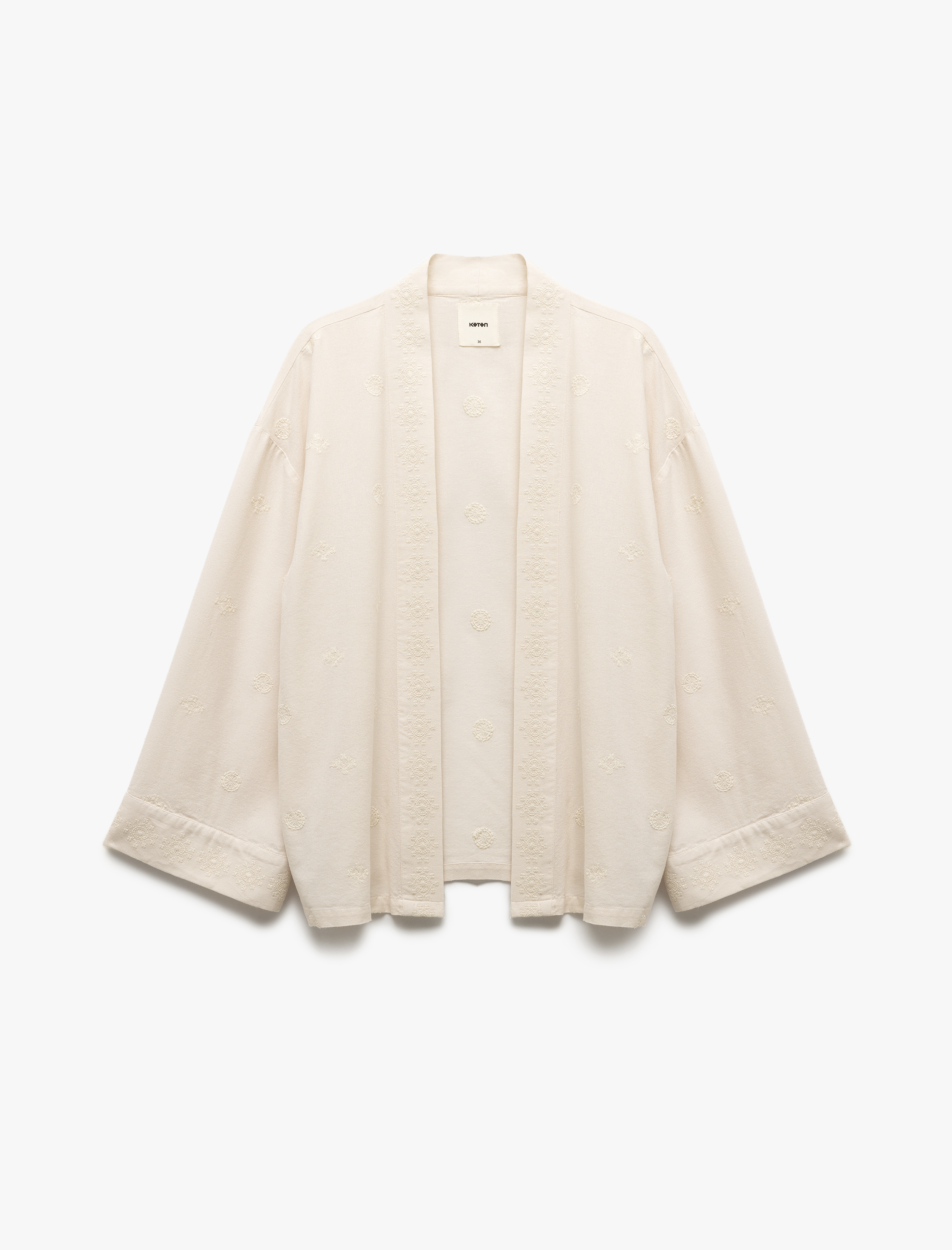   Pamuk-Viskon Karışımlı Nakış Detaylı Brodeli 3/4 Geniş Kol Uzun Kimono