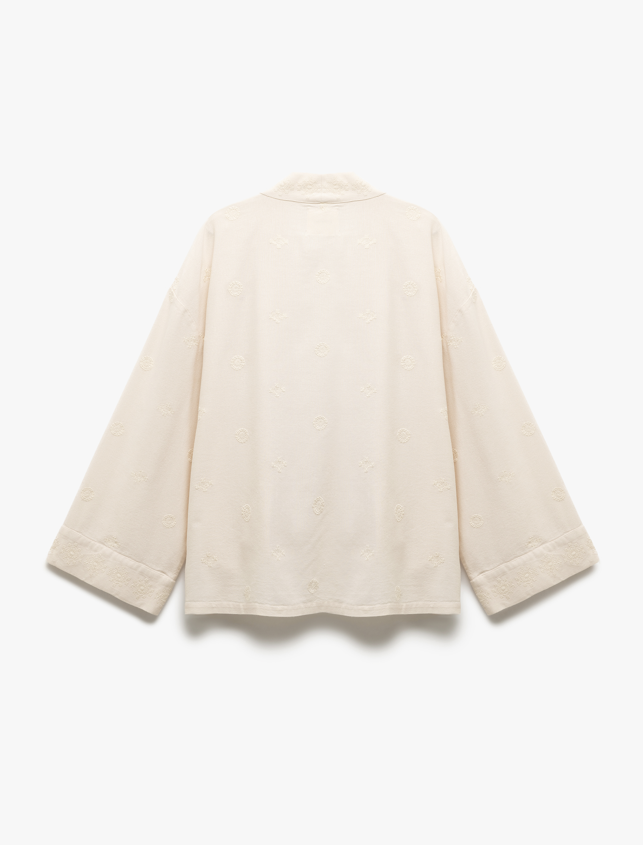   Pamuk-Viskon Karışımlı Nakış Detaylı Brodeli 3/4 Geniş Kol Uzun Kimono