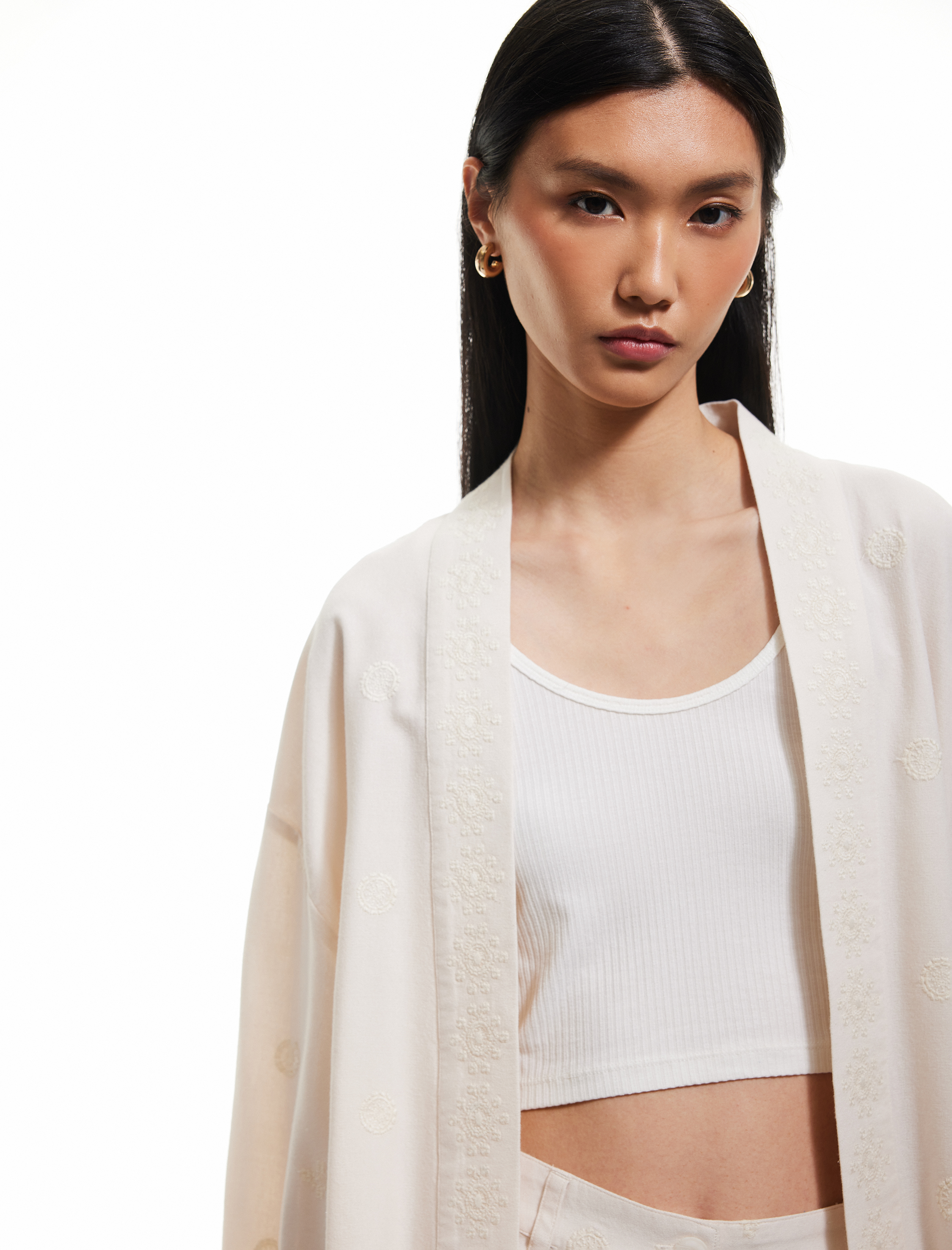   Pamuk-Viskon Karışımlı Nakış Detaylı Brodeli 3/4 Geniş Kol Uzun Kimono