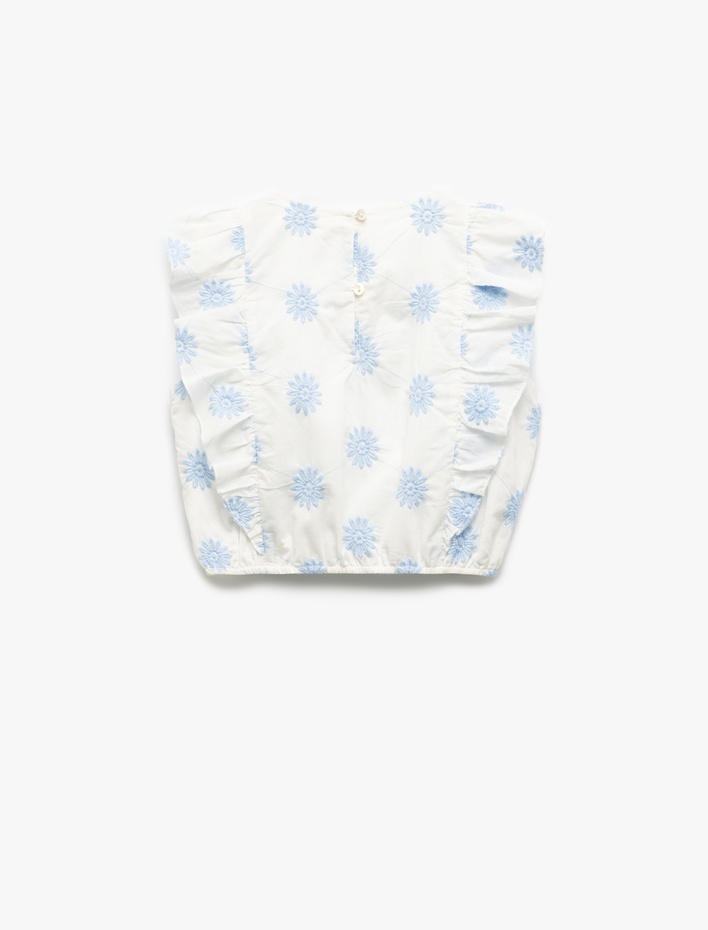 Kız Çocuk Pamuklu Bisiklet Yaka Kolsuz Çiçek Nakışlı Kolsuz Crop Bluz