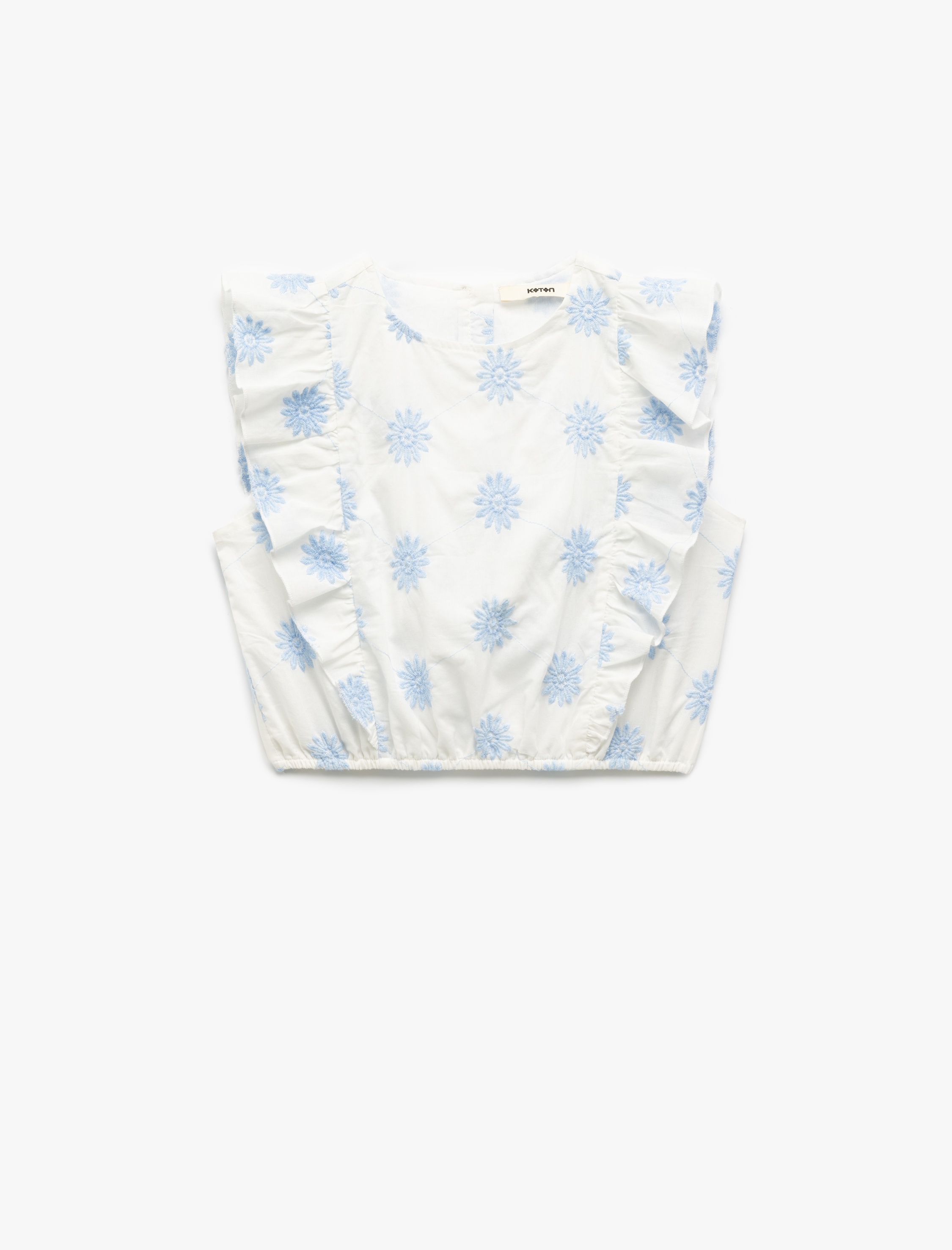  Kız Çocuk Pamuklu Bisiklet Yaka Kolsuz Çiçek Nakışlı Kolsuz Crop Bluz