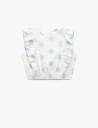 Pamuklu Bisiklet Yaka Kolsuz Çiçek Nakışlı Kolsuz Crop Bluz