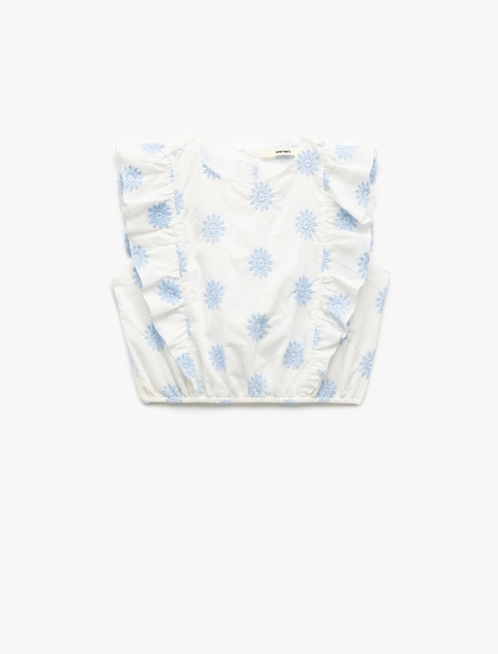 Kız Çocuk Pamuklu Bisiklet Yaka Kolsuz Çiçek Nakışlı Kolsuz Crop Bluz