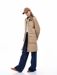 Fermuarlı Cepli Yaka Detaylı Uzun Trençkot