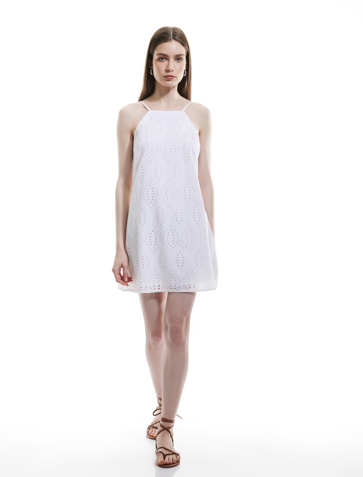  Pamuklu A Kesim Mini Halter Yaka İnce Askılı Fisto Elbise