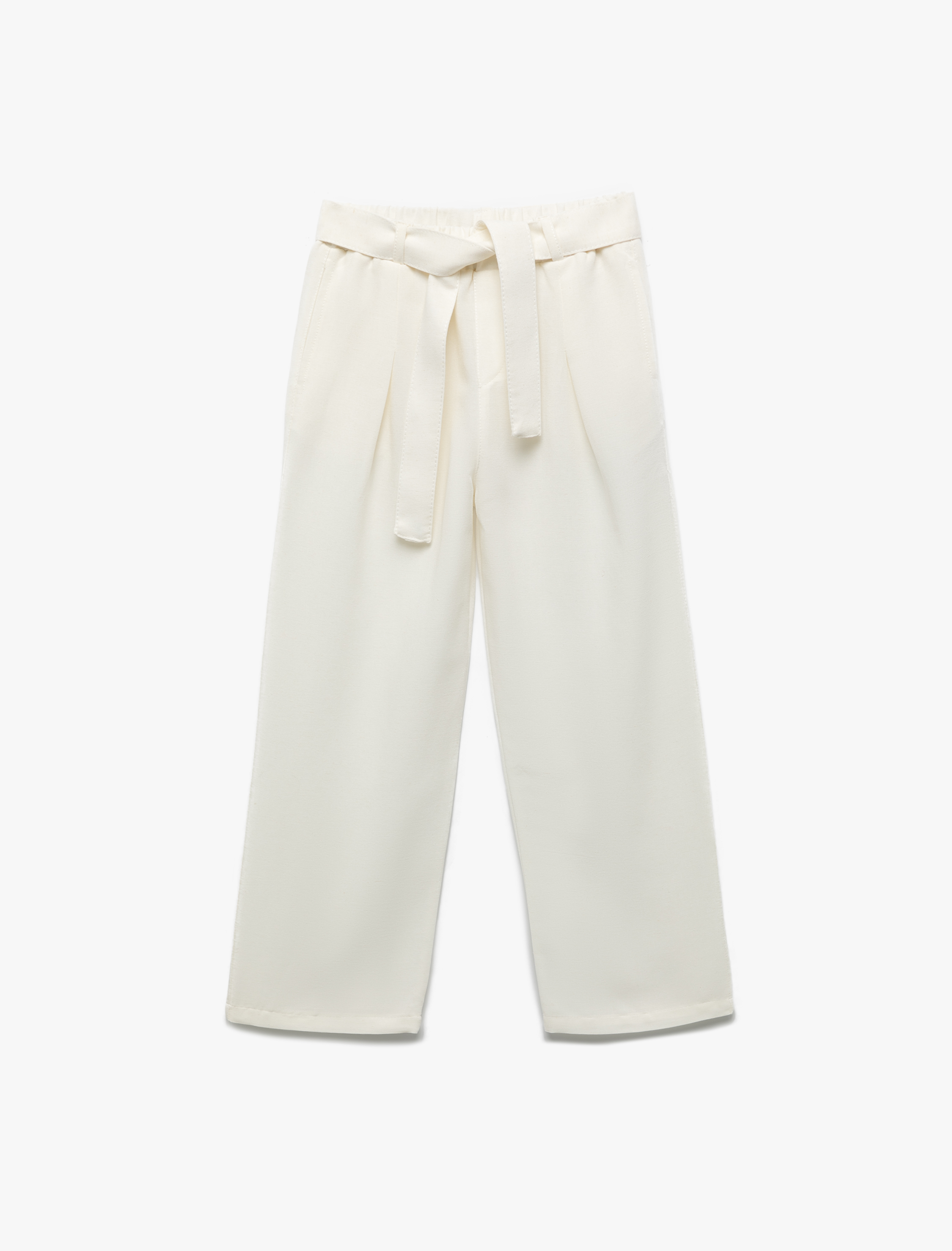 Kız Çocuk Kuşak Detaylı Cepli Viskon Karışımlı Geniş Paça Pantolon