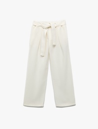 Kuşak Detaylı Cepli Viskon Karışımlı Geniş Paça Pantolon