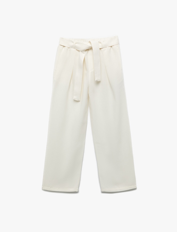 Kız Çocuk Kuşak Detaylı Cepli Viskon Karışımlı Geniş Paça Pantolon