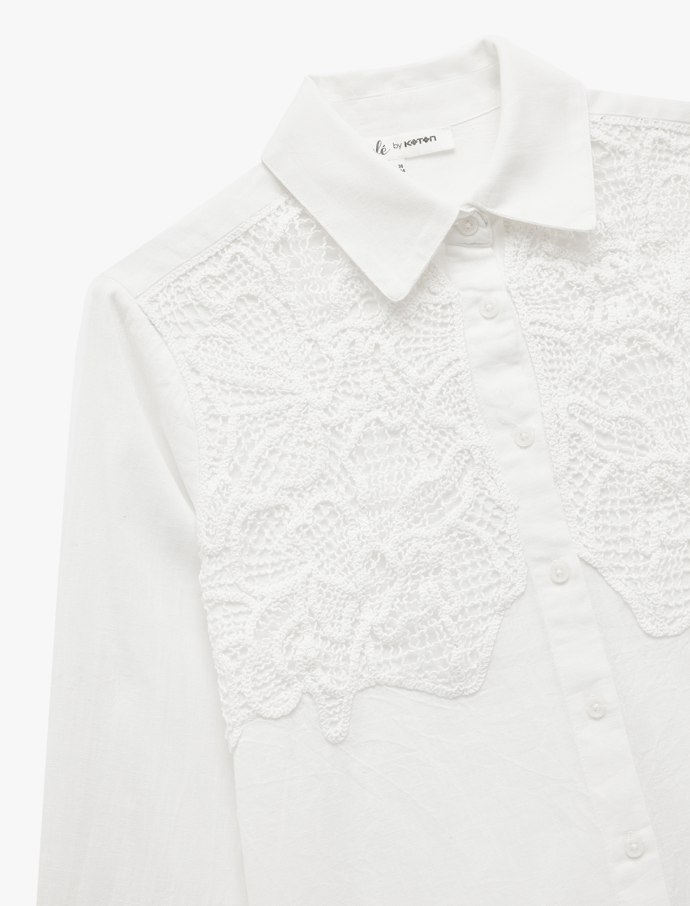   Dantel Detaylı Düğmeli Klasik Yaka Uzun Kollu Keten Karışımlı Gömlek