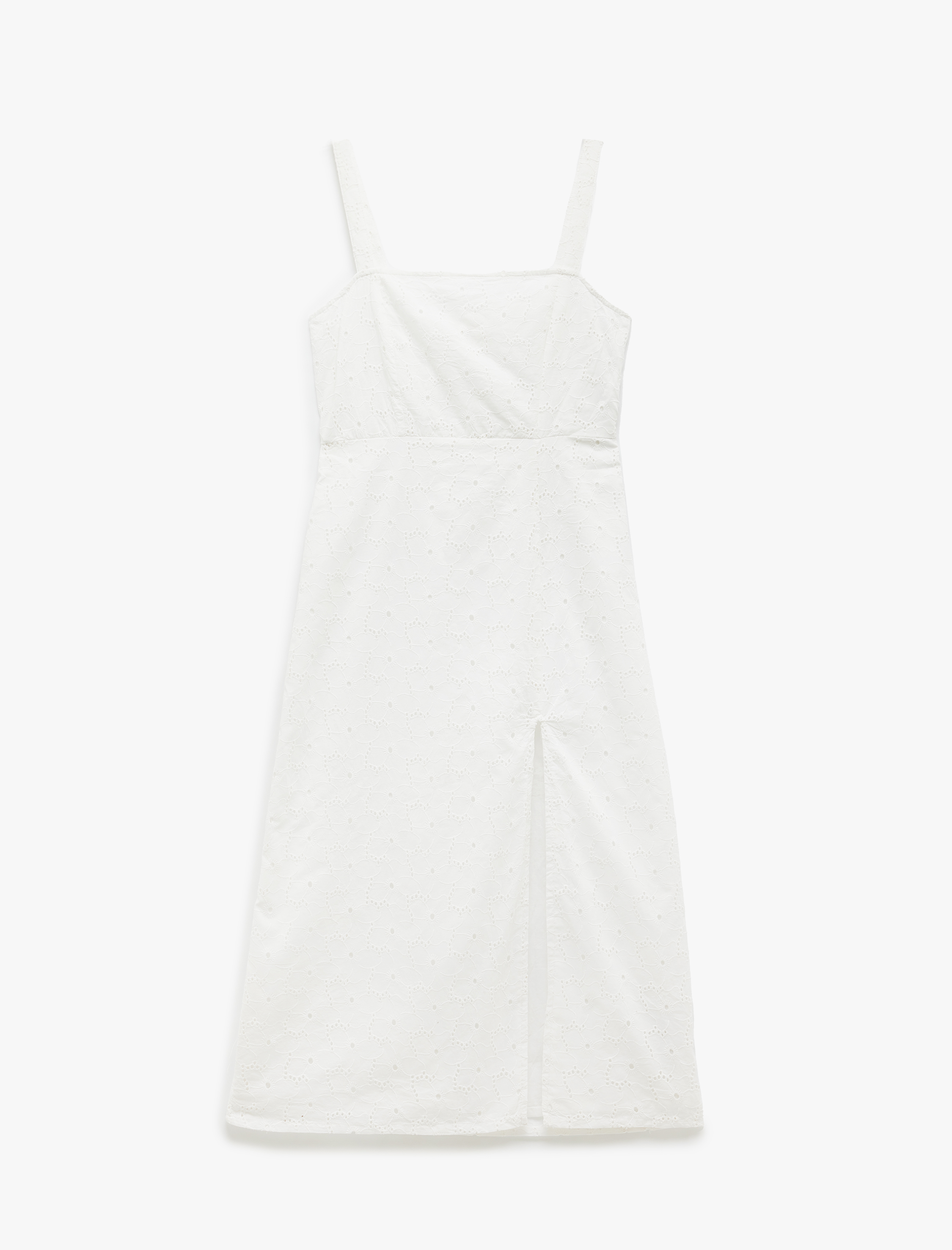   Pamuklu Yırtmaç Detaylı Fistolu Brodeli Midi Askılı Elbise