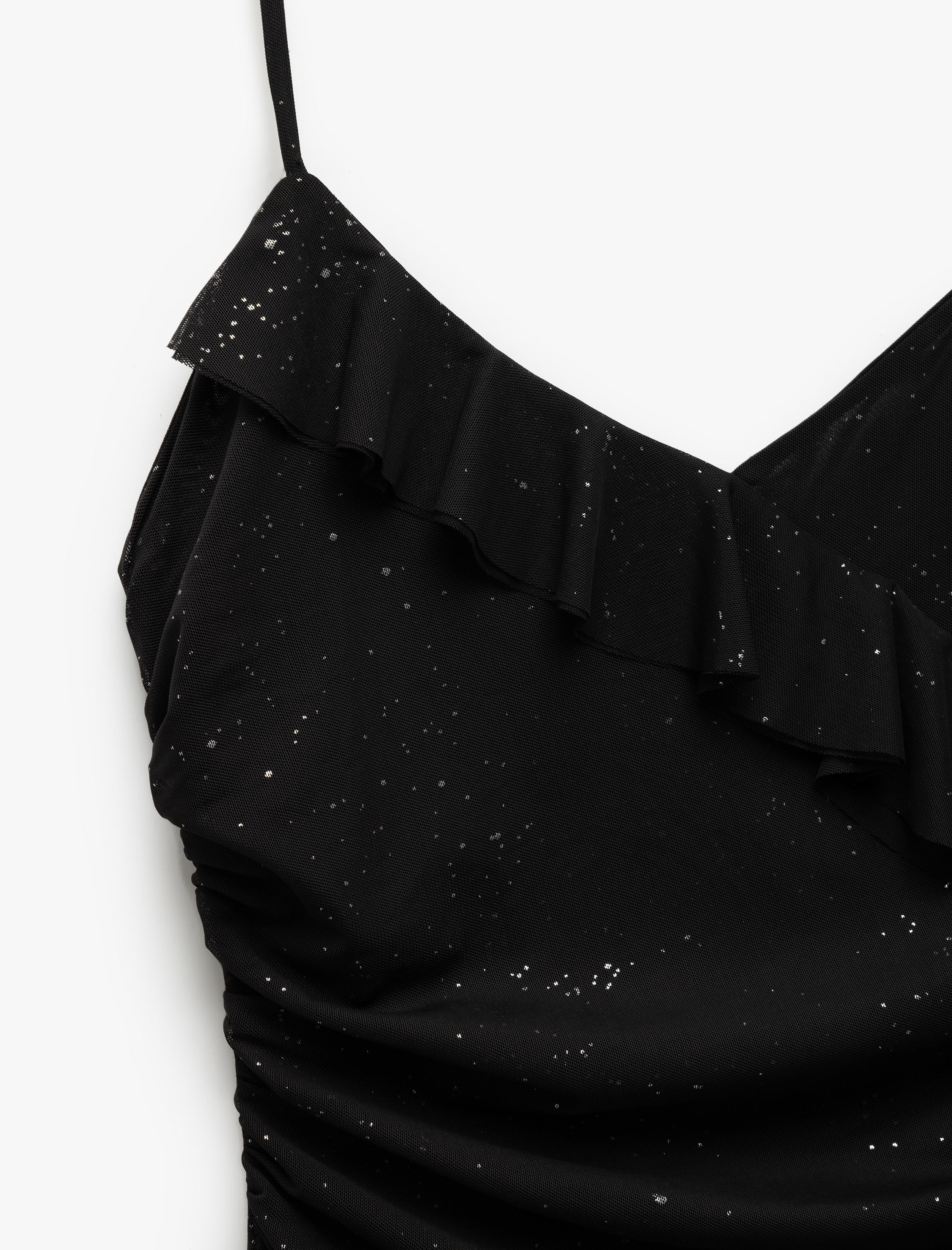   Mini Askılı V Yaka Simli Volanlı Mini Elbise