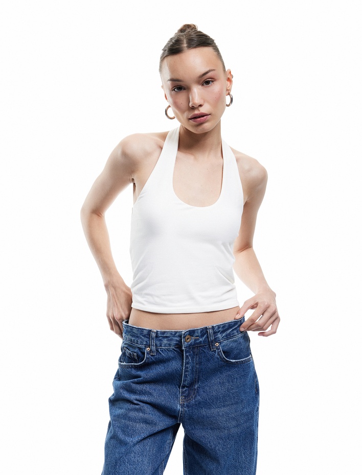  Pamuklu Halter Yaka Kolsuz Crop Atlet