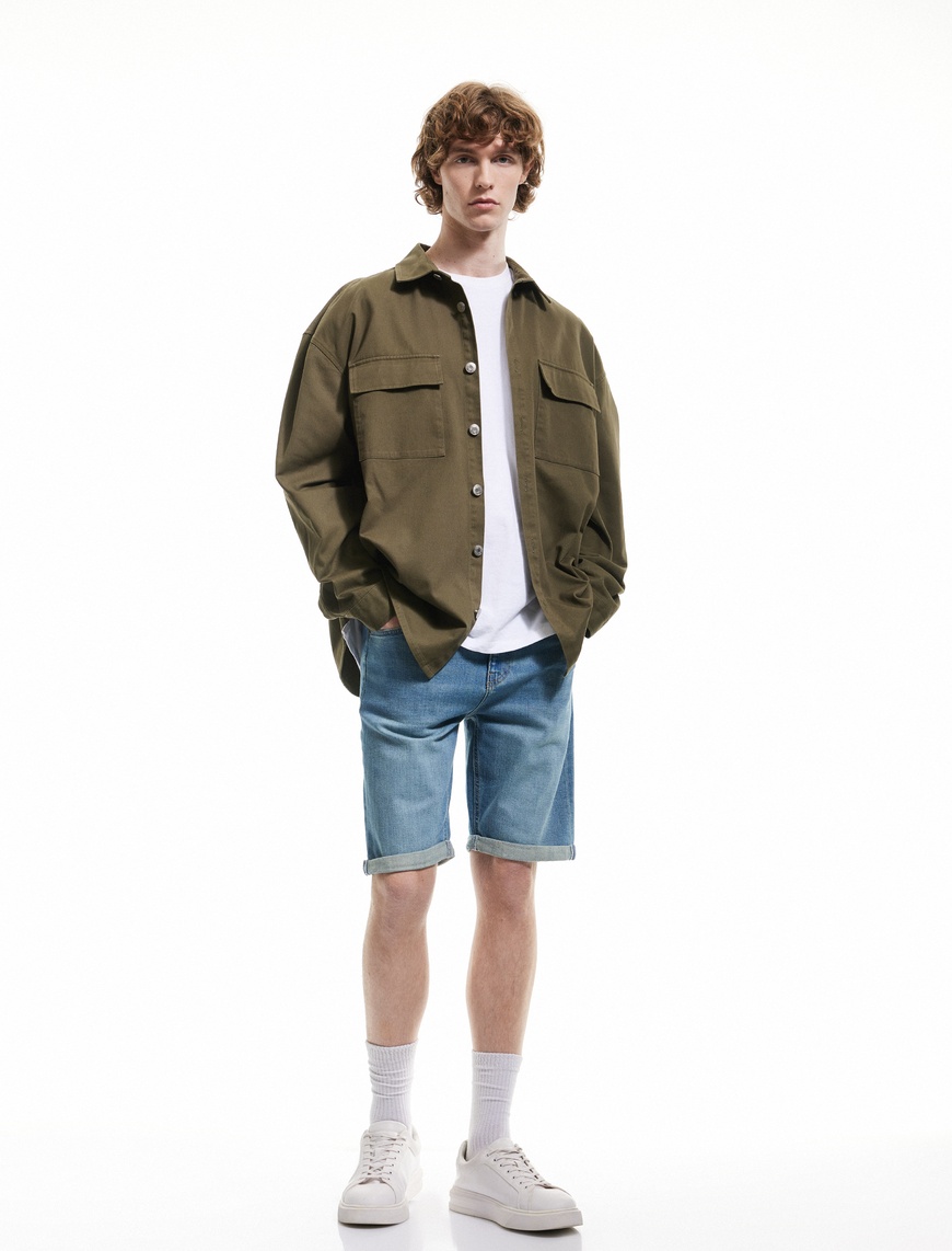 Koton Erkek Katlamalı Paça Bermuda Slim Fit Denim Şort