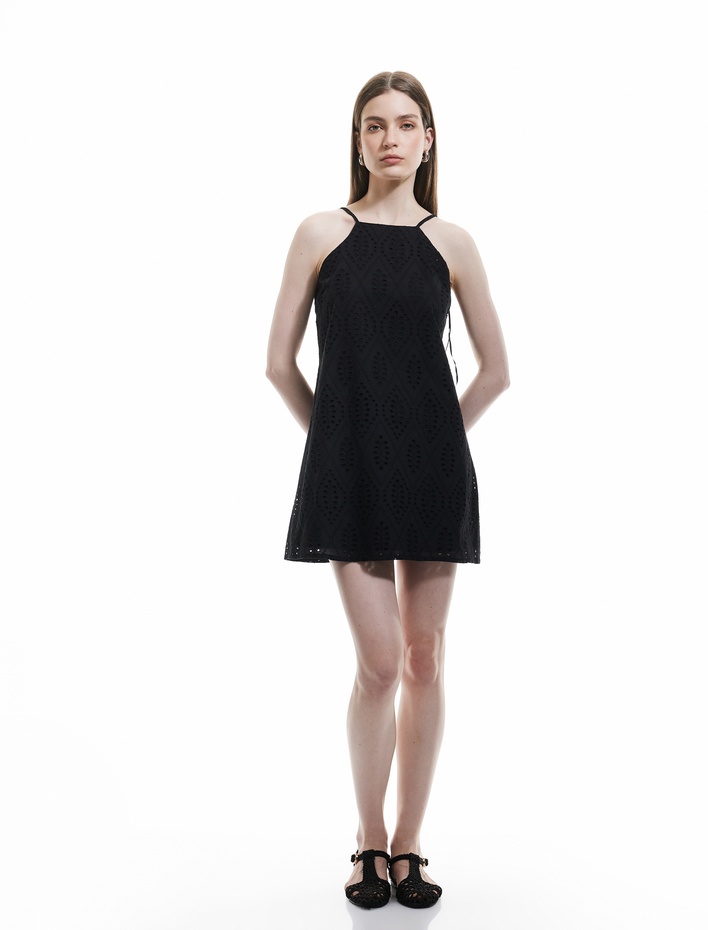  Pamuklu A Kesim Mini Halter Yaka İnce Askılı Fisto Elbise