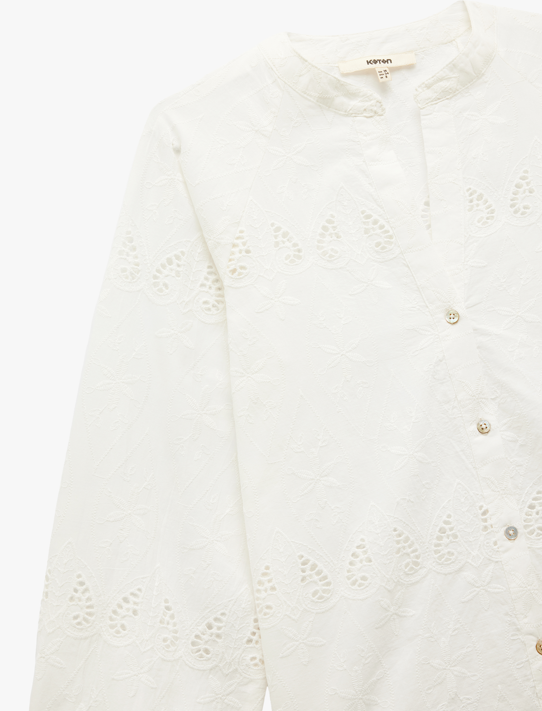   Pamuklu Yuvarlak Yaka Uzun Balon Kollu Fistolu Brodeli Gömlek