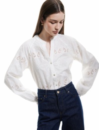 Pamuklu Yuvarlak Yaka Uzun Balon Kollu Fistolu Brodeli Gömlek