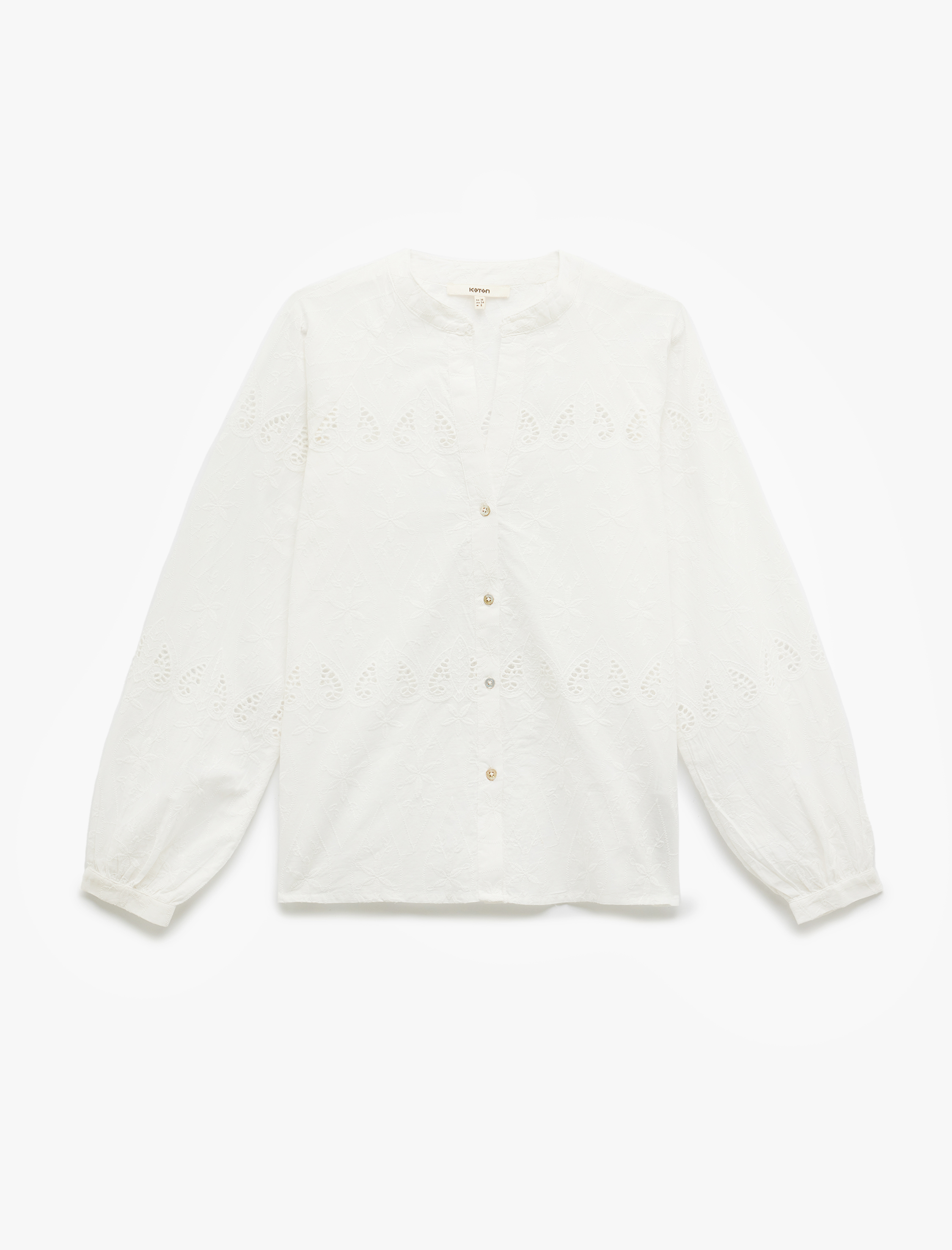   Pamuklu Yuvarlak Yaka Uzun Balon Kollu Fistolu Brodeli Gömlek