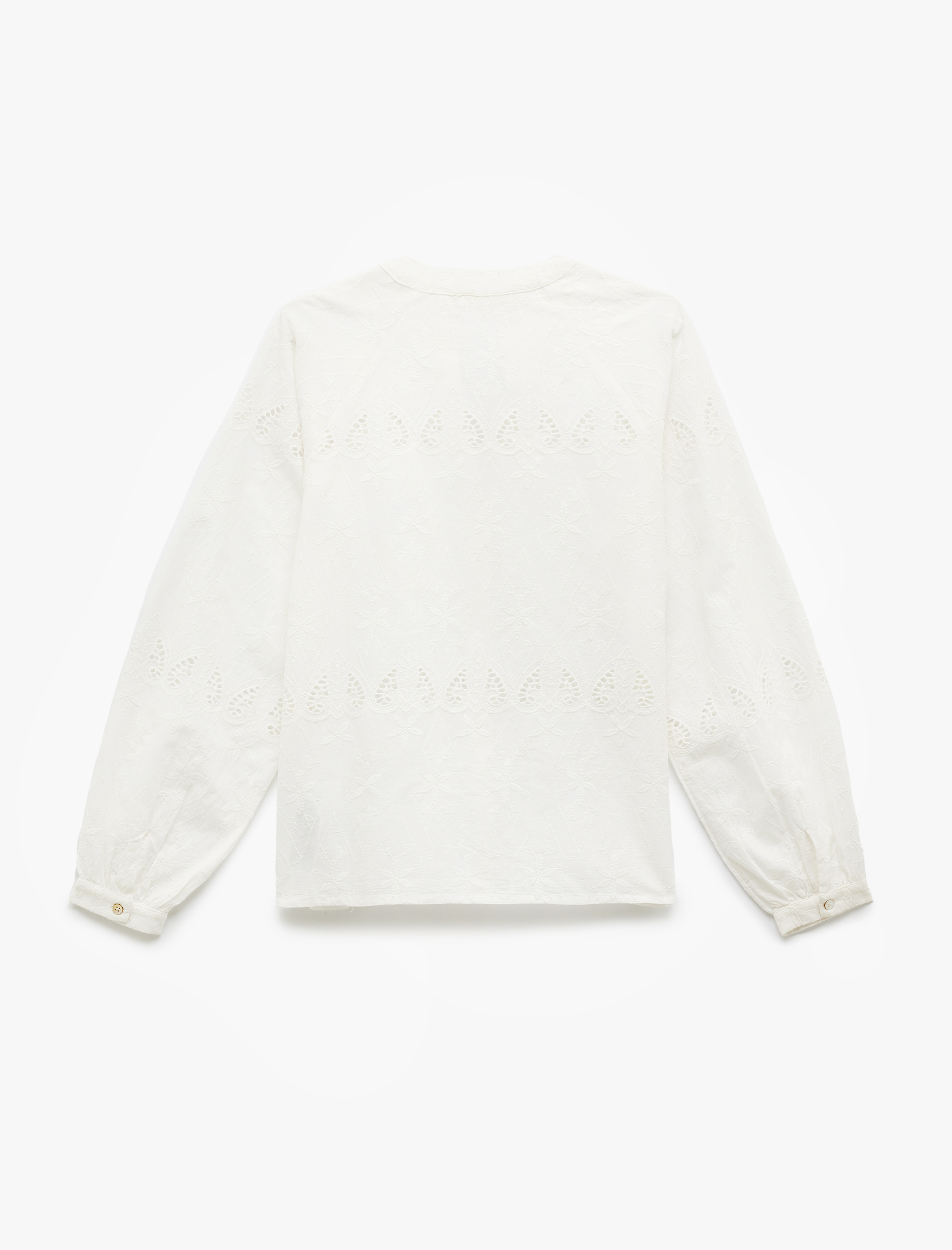   Pamuklu Yuvarlak Yaka Uzun Balon Kollu Fistolu Brodeli Gömlek