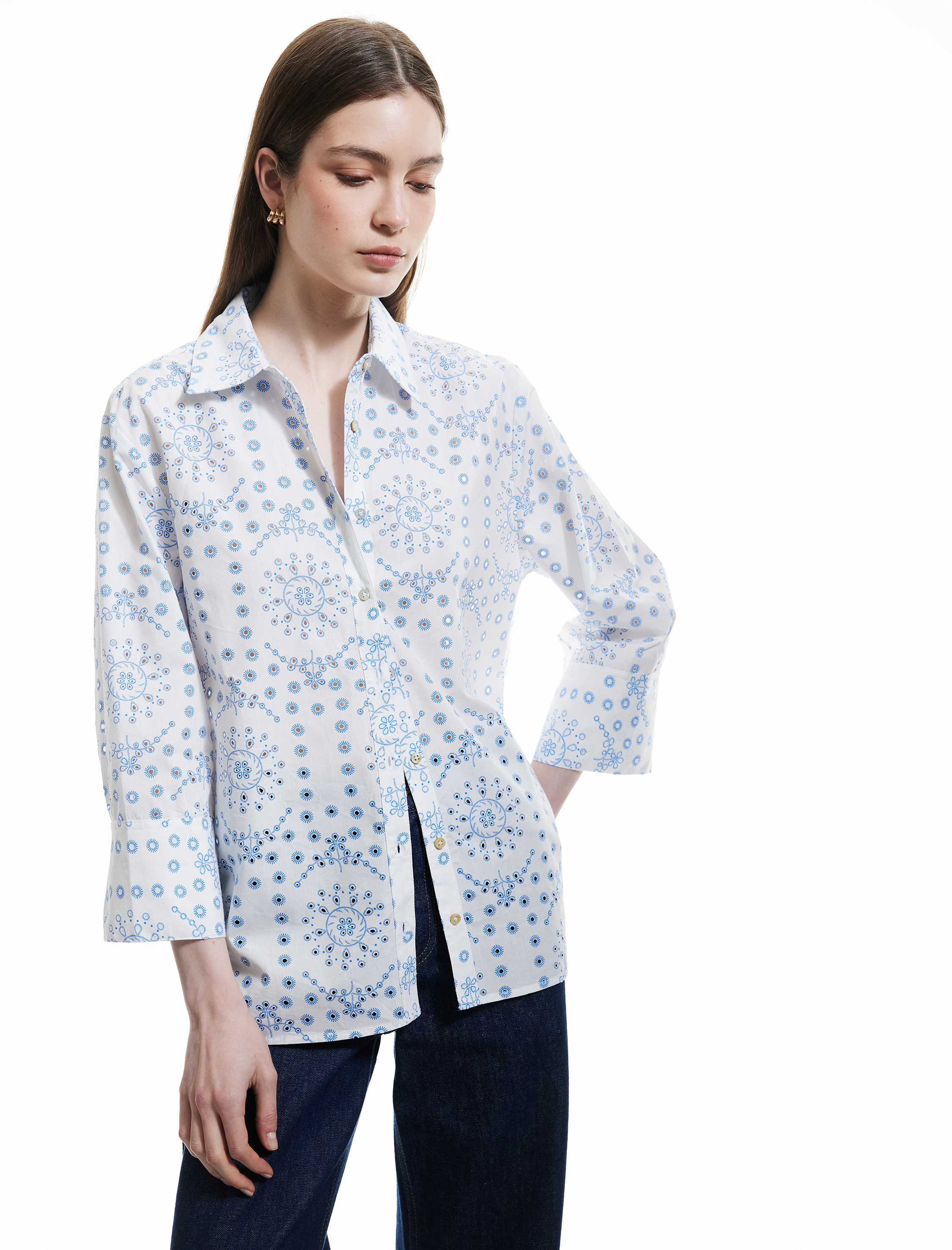   Pamuklu 3/4 Kol Klasik Yaka Etnik Desenli Uzun Poplin Gömlek