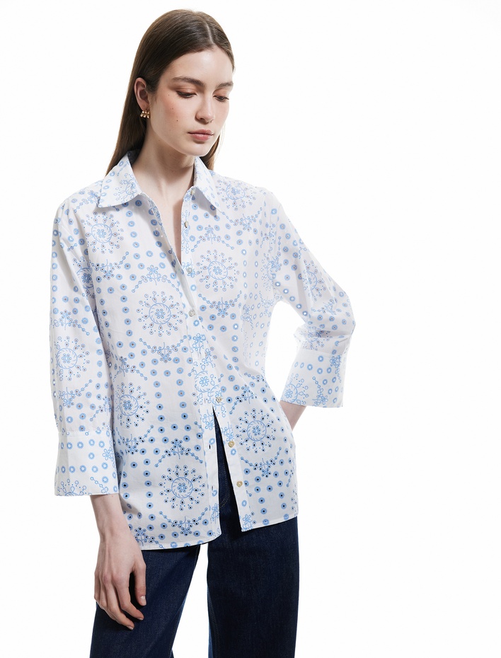  Pamuklu 3/4 Kol Klasik Yaka Etnik Desenli Uzun Poplin Gömlek