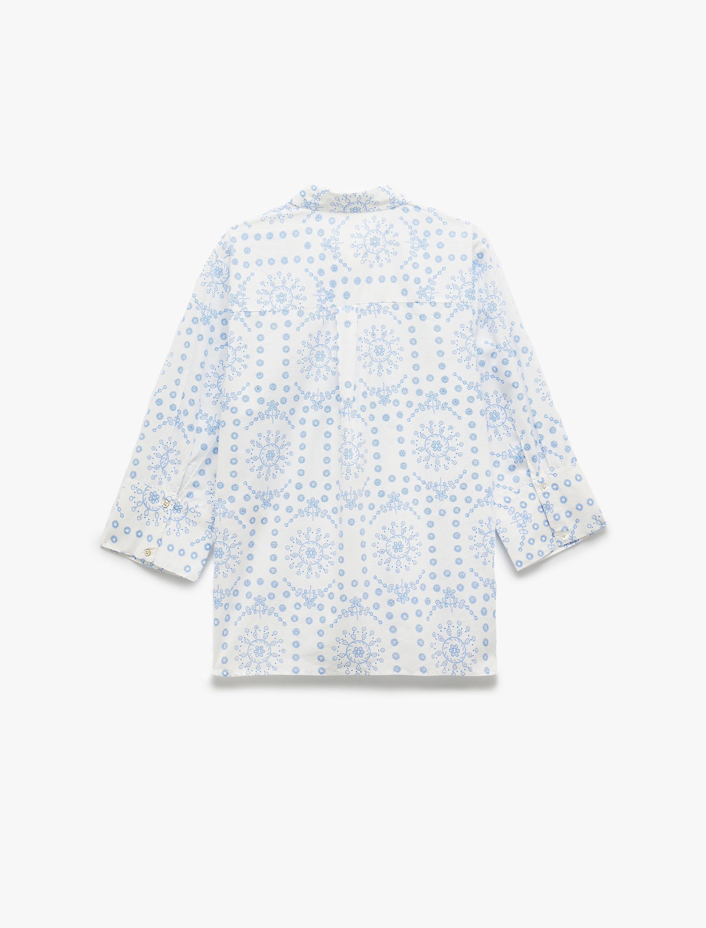   Pamuklu 3/4 Kol Klasik Yaka Etnik Desenli Uzun Poplin Gömlek