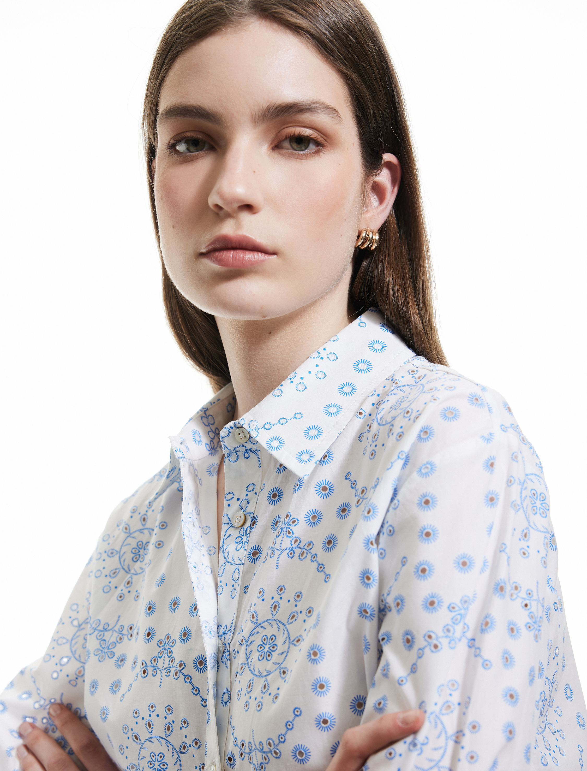   Pamuklu 3/4 Kol Klasik Yaka Etnik Desenli Uzun Poplin Gömlek