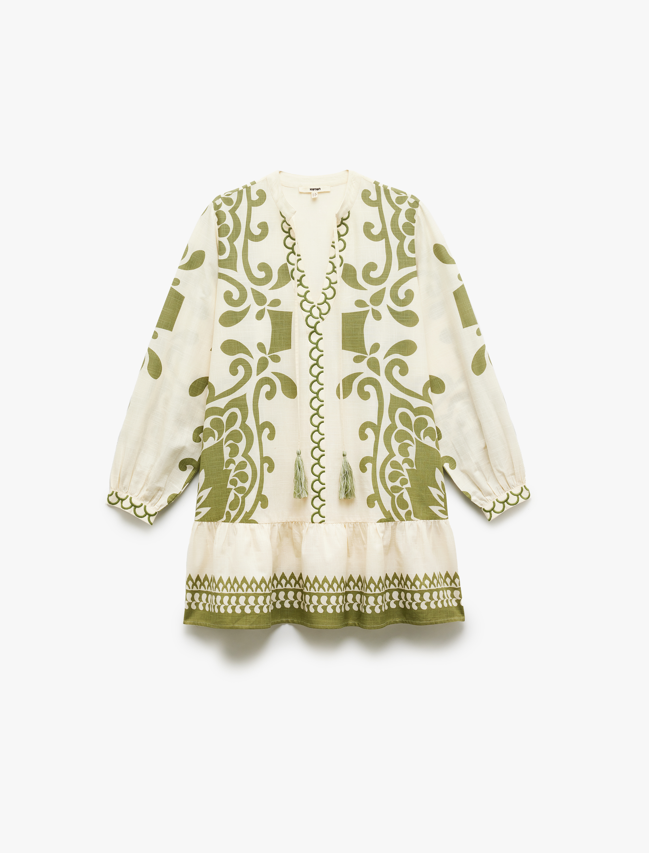   Viskon Kumaş Bağlamalı Yaka Nakışlı Etnik Desenli Plaj Elbisesi