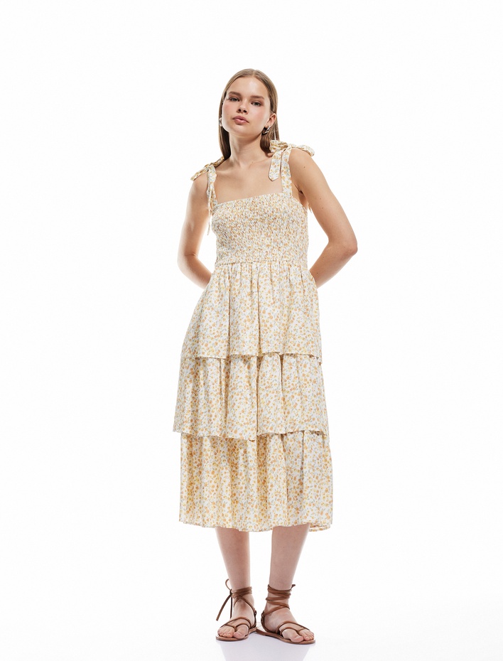  Fiyonklu Askılı Katlı Gipeli U Yaka Çiçekli Viskon Midi Elbise