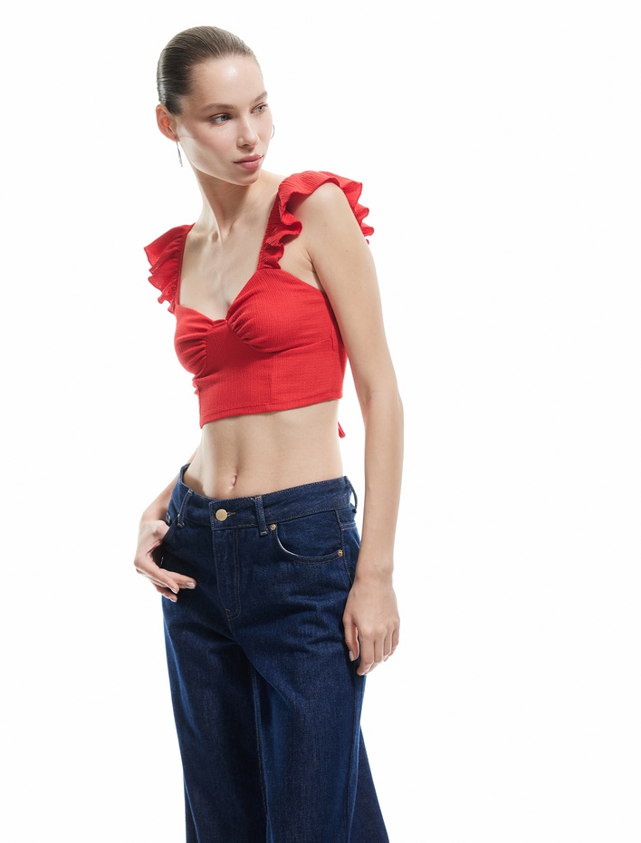  Fırfır Detaylı Kalp Yaka Kolsuz Sırtı Bağcıklı Crop Üst Bürümcük