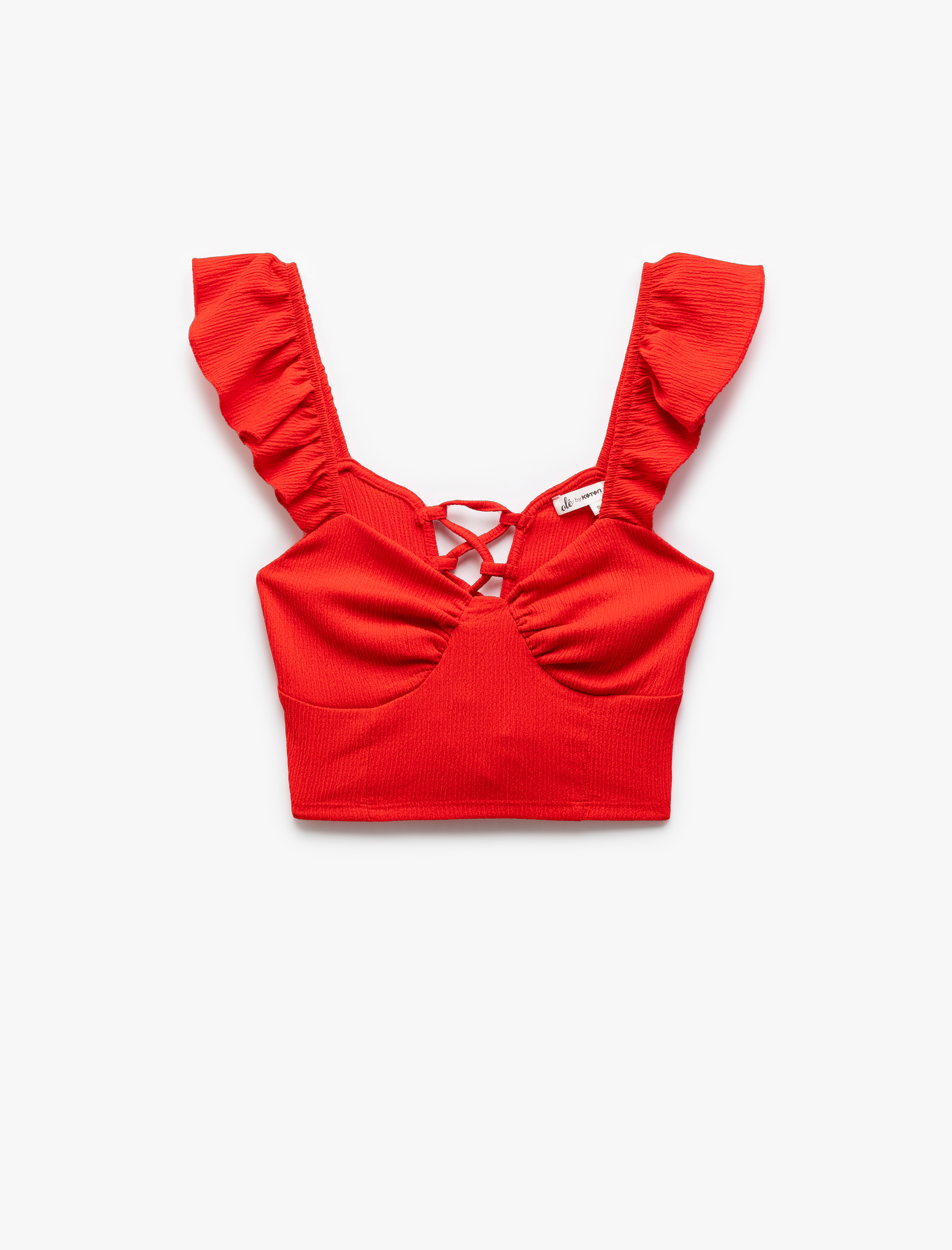   Fırfır Detaylı Kalp Yaka Kolsuz Sırtı Bağcıklı Crop Üst Bürümcük