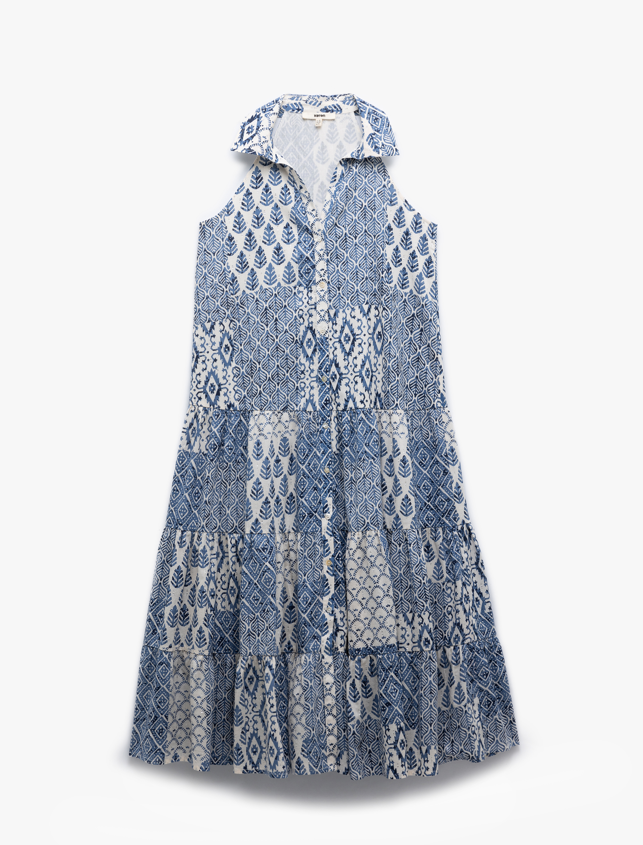   Astarlı Etnik Desenli Düğmeli Kolsuz Midi Gömlek Elbise