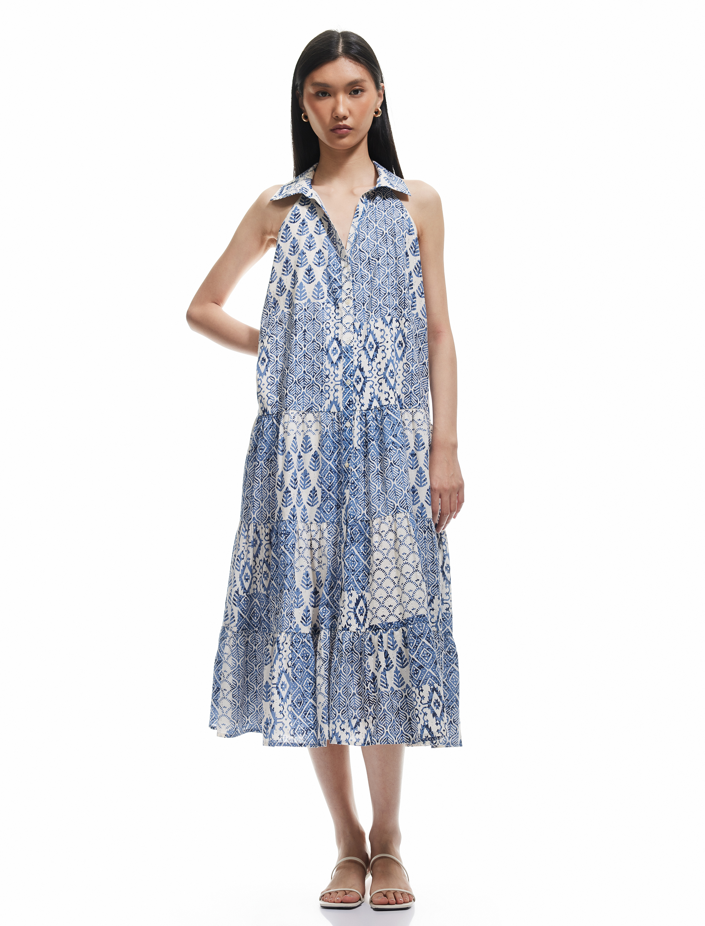   Astarlı Etnik Desenli Düğmeli Kolsuz Midi Gömlek Elbise