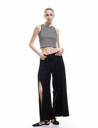 Keten Karışımlı Nervürlü Kemer Detaylı Geniş Paça Pantolon