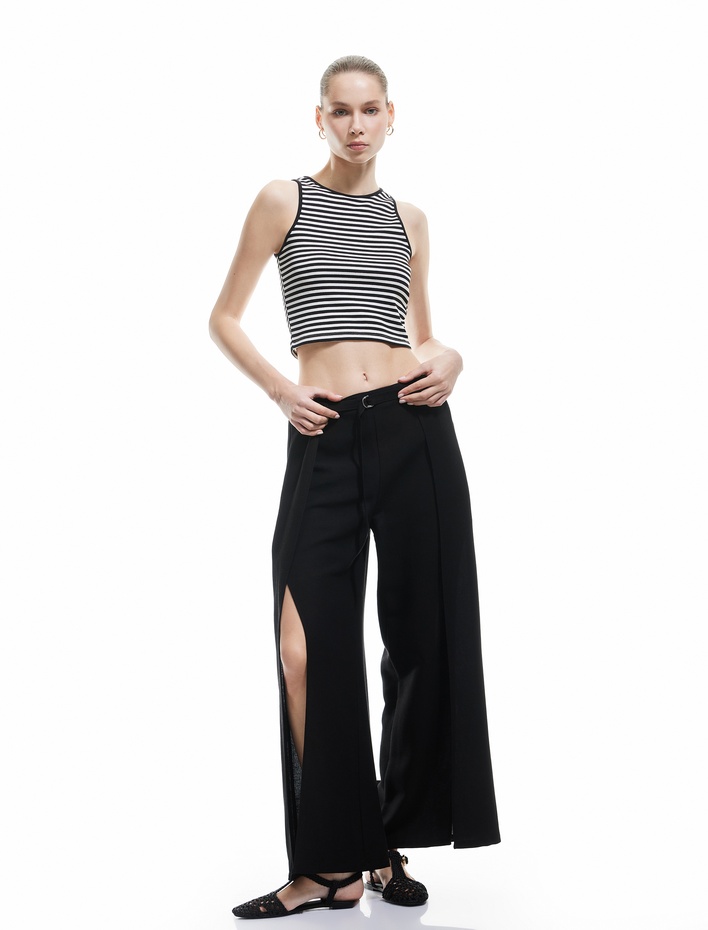  Keten Karışımlı Nervürlü Kemer Detaylı Geniş Paça Pantolon