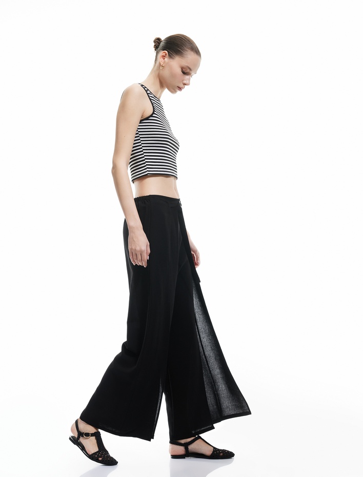  Keten Karışımlı Nervürlü Kemer Detaylı Geniş Paça Pantolon