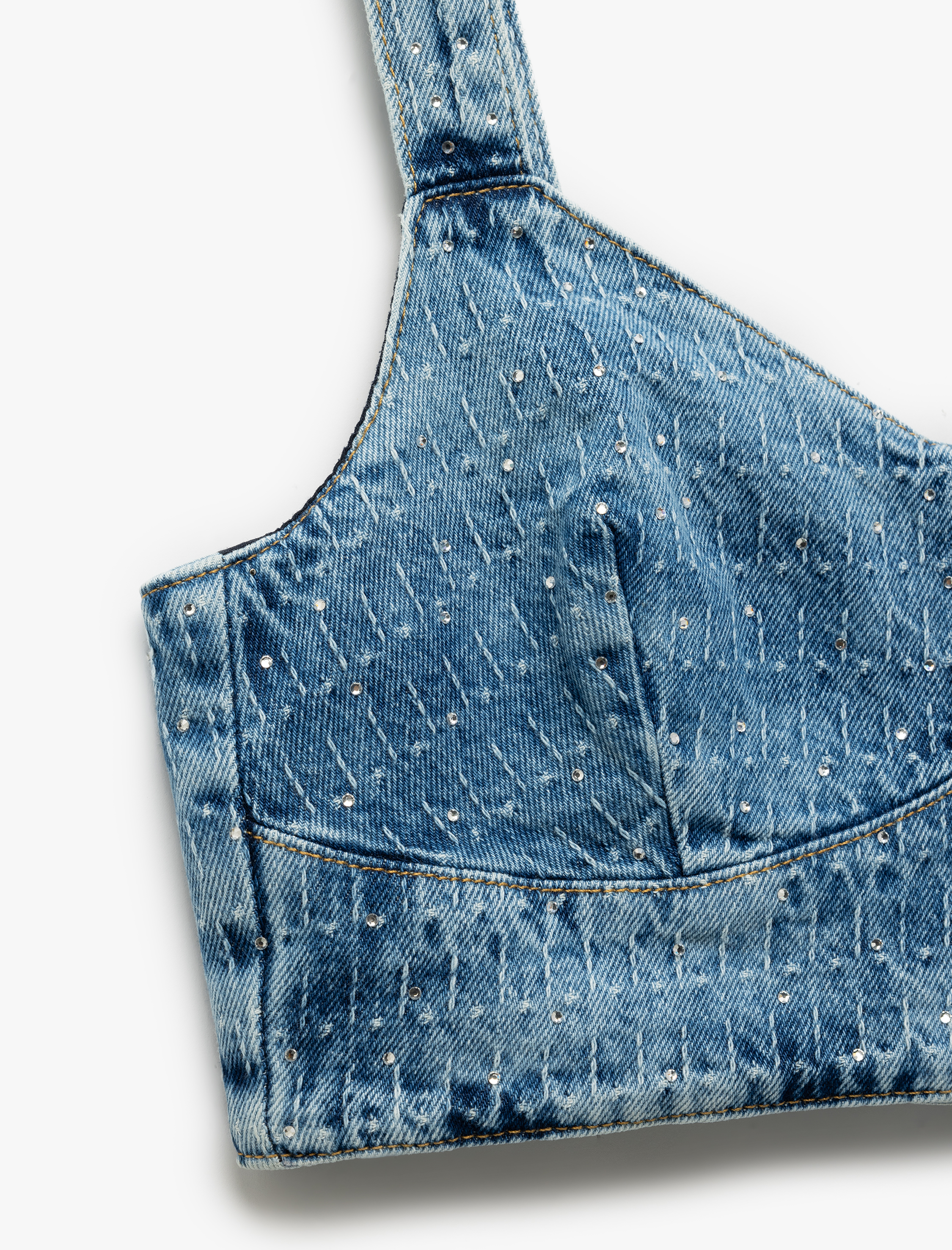   Taş Detaylı Dar Kesim V Yaka Denim Crop Bluz