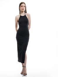 Halter Yaka Dar Kesim Taşlı Uzun Abiye Elbise